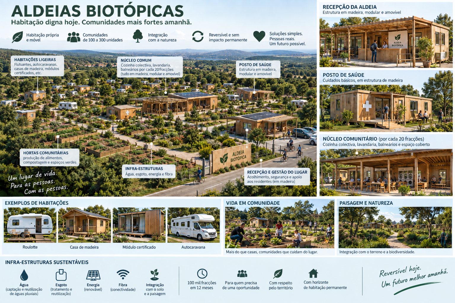 A aldeia numa página: casas ligeiras, núcleo comum, posto de saúde e recepção em madeira, hortas, infra-estruturas e os equipamentos partilhados por cada 20 fracções