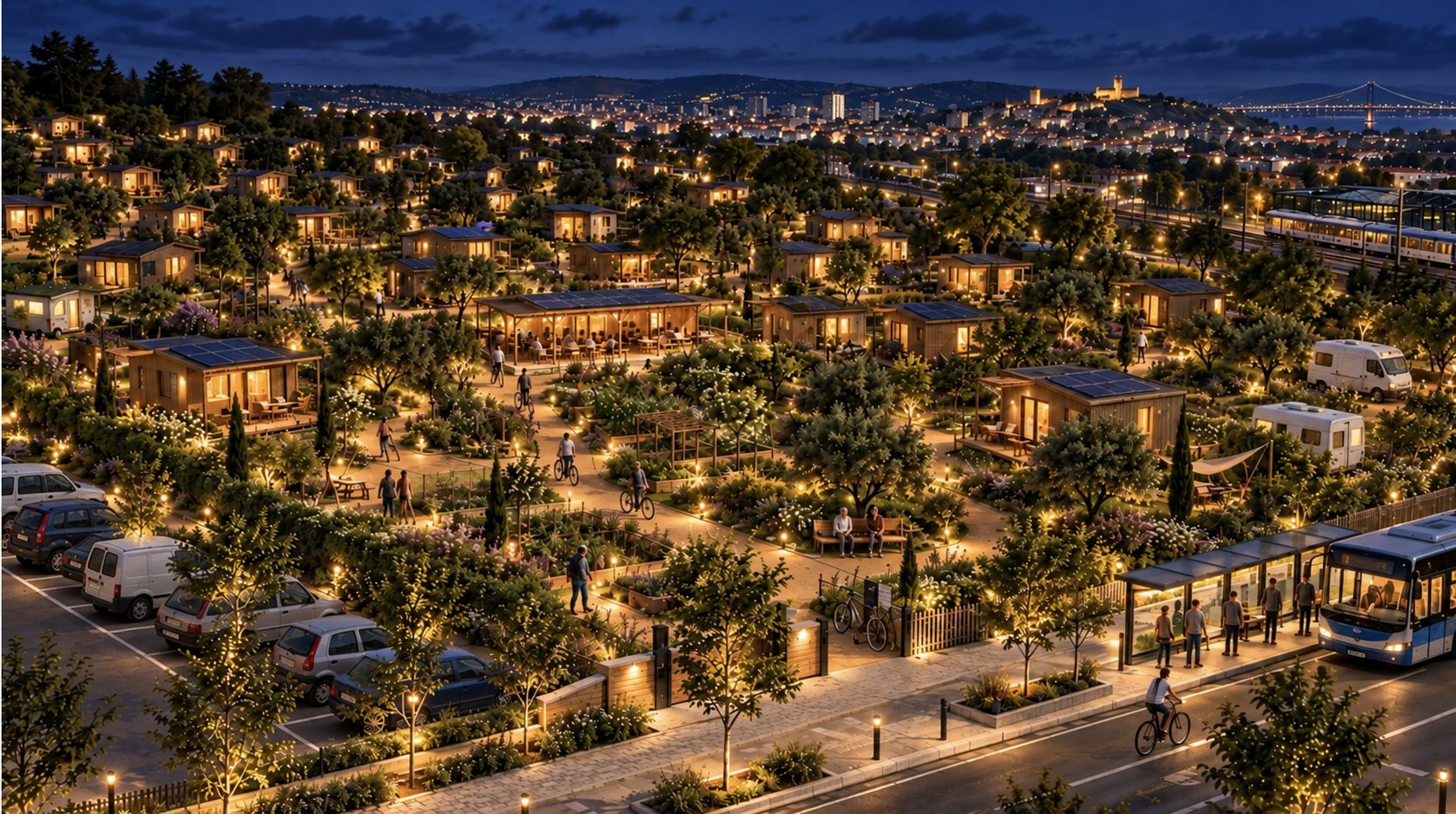 A mesma aldeia à noite: casas iluminadas, caminhos com luz baixa, vizinhos a conversar, a paragem de autocarro e a cidade ao fundo