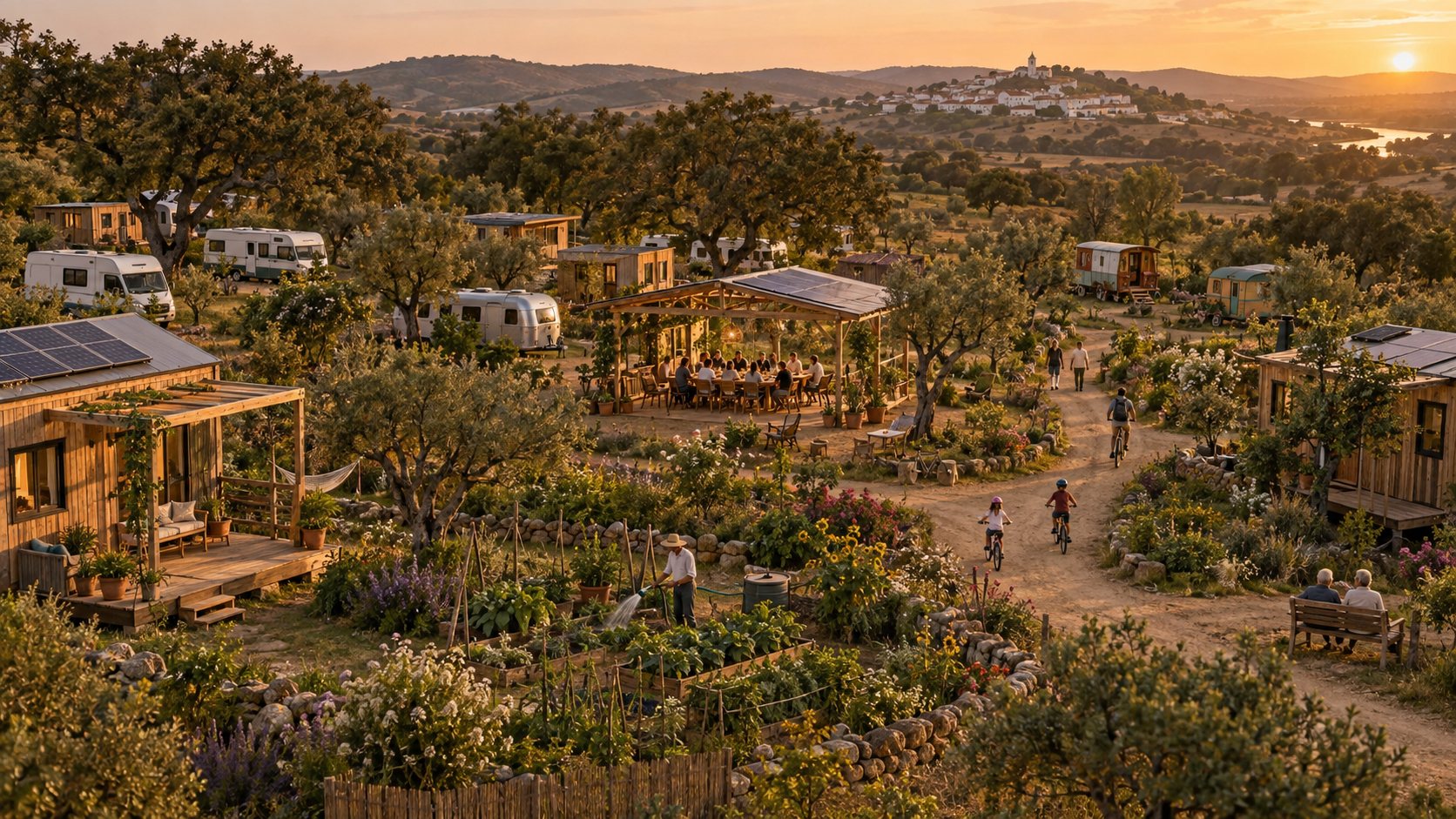 Uma aldeia biotópica ao fim da tarde: casas de madeira com painéis solares entre oliveiras e carvalhos, hortas, um pavilhão comum com pessoas à mesa, crianças de bicicleta e uma vila ao fundo
